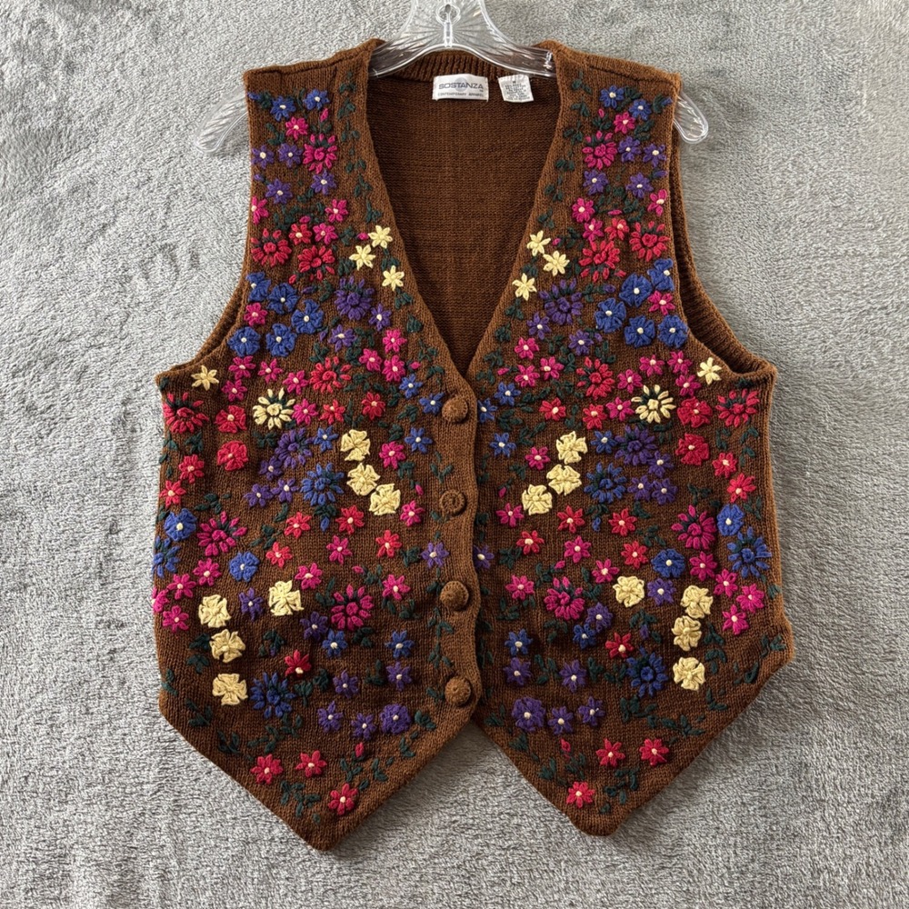 Vtg Sostanza Floral Embroidered Sweater Vest Womens M Brown Knit Ramie Cotton